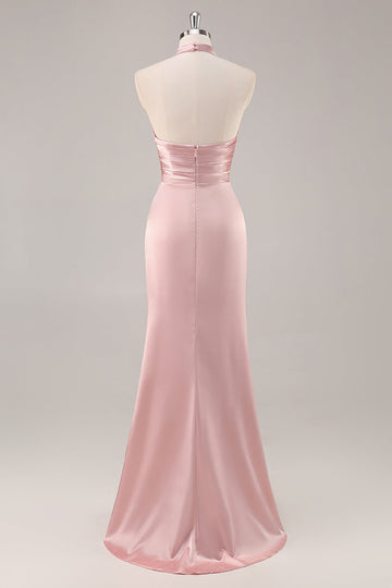 Blush High Neck Satin Ruched Long Bridesmaid Dress with Slit